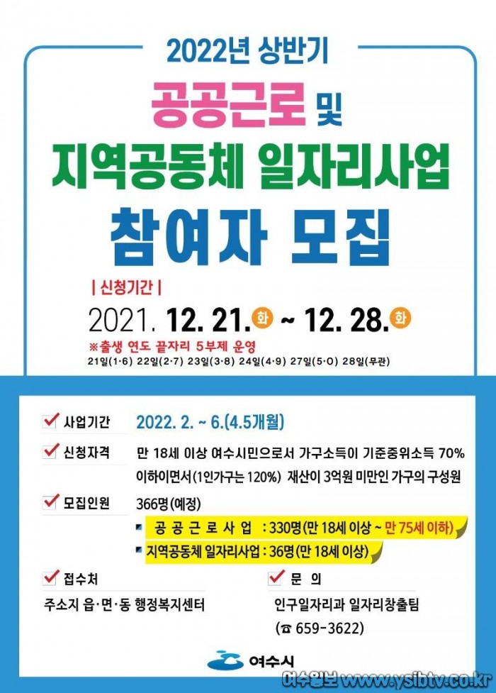 2. 여수시, 공공근로 및 지역공동체일자리사업 참여자 모집.jpg